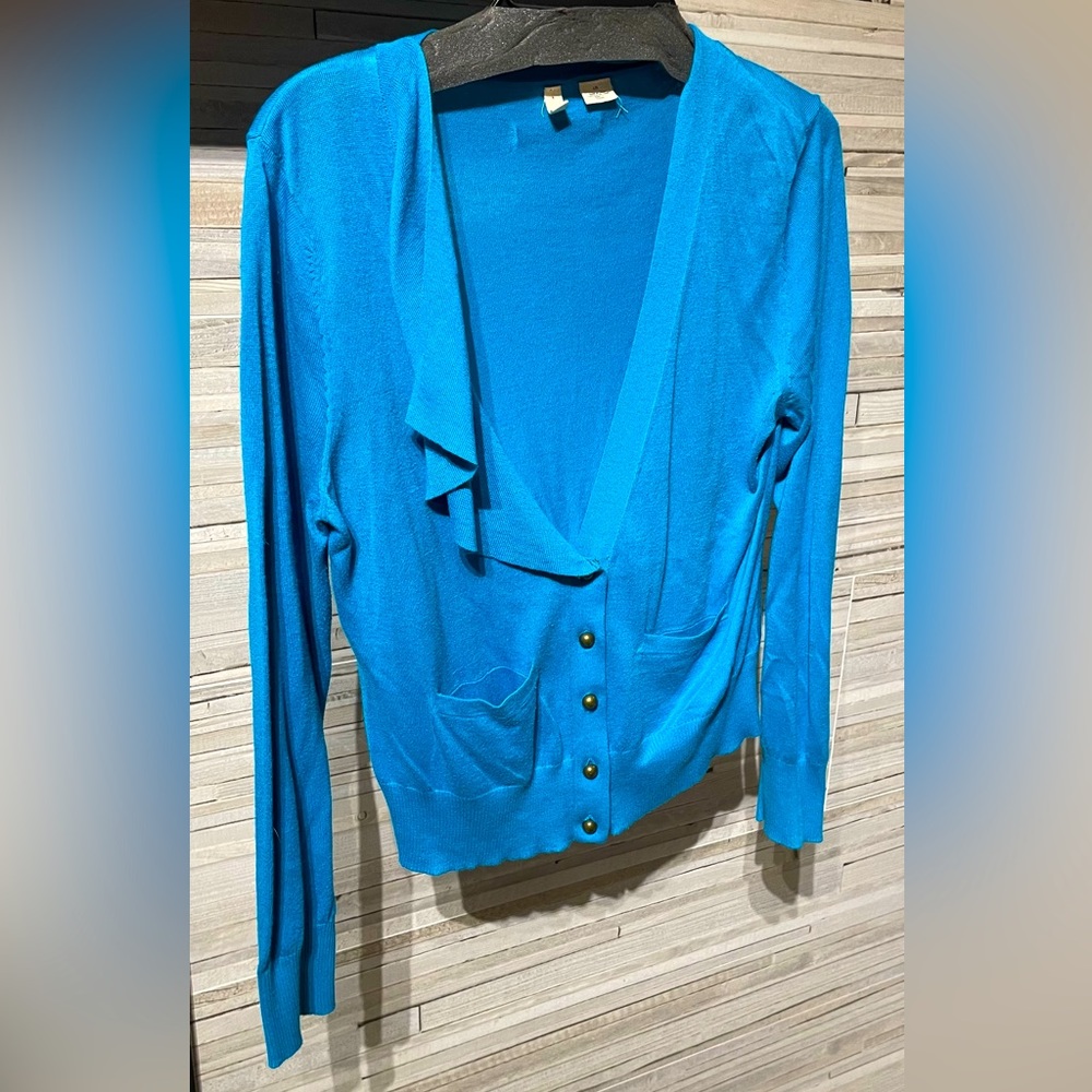 Moth Anthropologie drape front blue cardigan with brass buttons size large